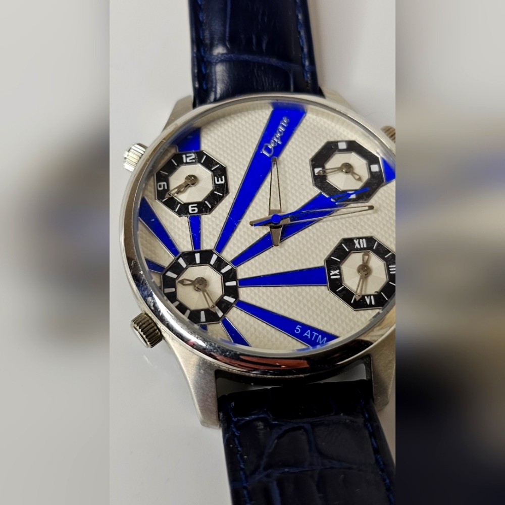 DEPORTE TRAVELER CITIZEN QUARTZ 5 TIMEZONE STAINLESS MEN WATCH LEATHER BAND
